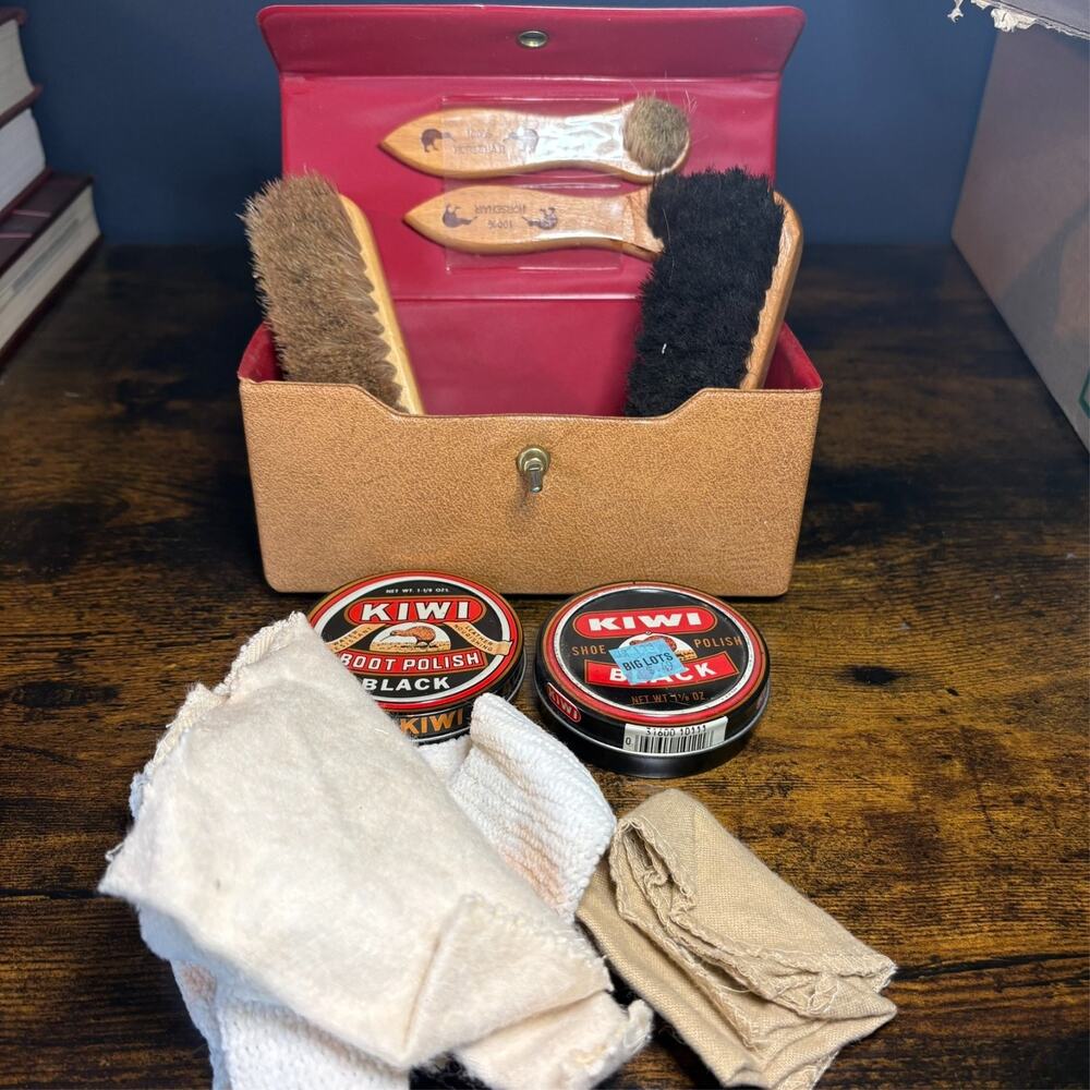Vintage 1960's Kiwi Shoe Shine Kit 4 Horsehair Brushes Black Brown Polish Case